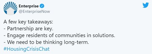 Tweet showing the takeaway: Partnerships, engaging residents, thinking longterm