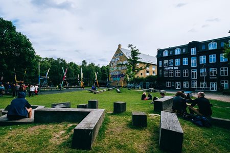 Revitalized park with stone benches