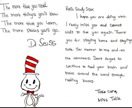 Another letter to students with a Dr. Seuss drawing of cat in the heat