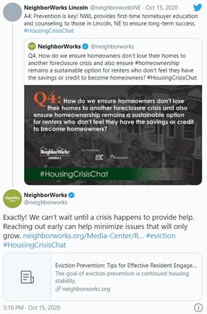 @neighborworksNE response to @neighborworks Oct. 15 Twitter chat: "A4: Prevention is key! NWL provides first-time homebuyer education & counseling to those in Lincoln, NE to ensure long-term success."