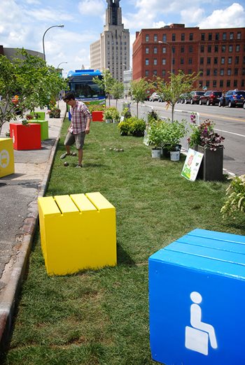 Colorful boxes on green turf