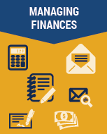 Managing finances orange graphic with calculator, envelope and notebook