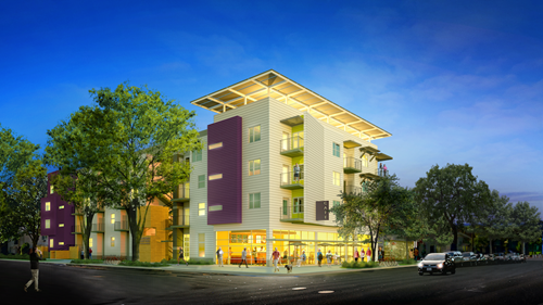 Lavender Courtyard, in an architect's rendering, shows a light building, surrounded by trees.