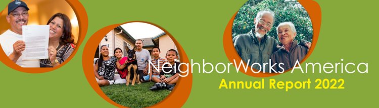 NeighborWorks America's FY22 annual report with photos of families celebrating their new homes